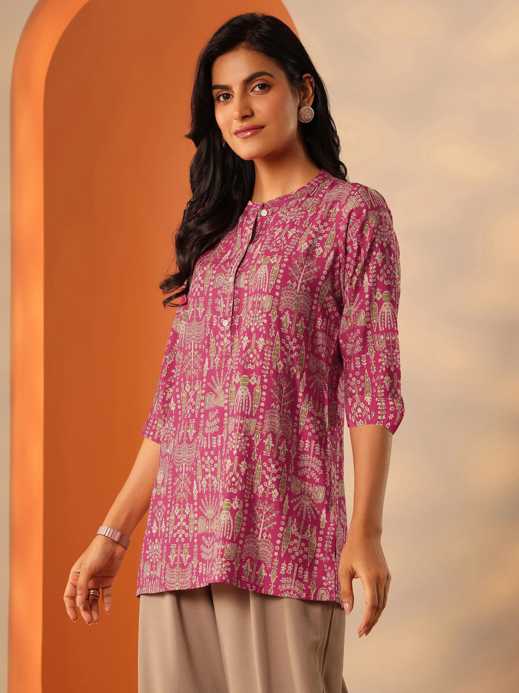 Printed Floral Short Kurti - Pink